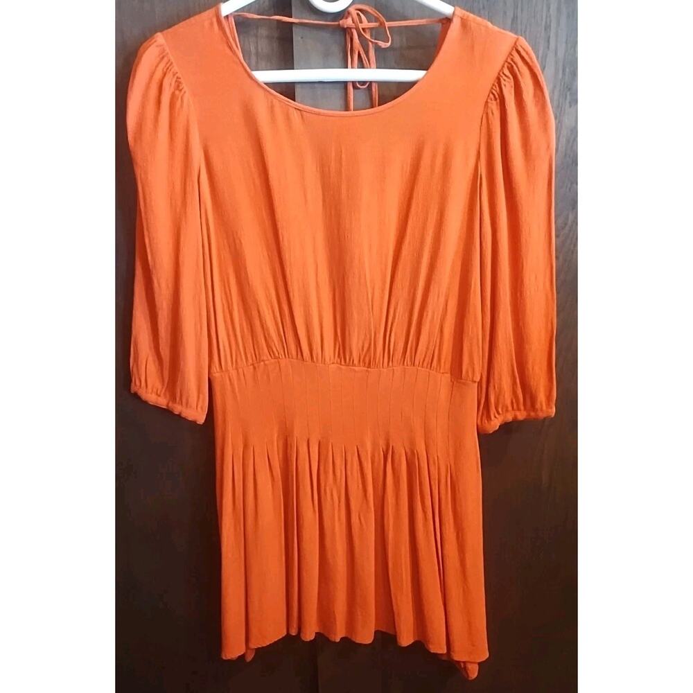 Kimchi & Blue Womens Size 0 Coral Orange Tie Back Mini Dress 3/4 puff Sleeve